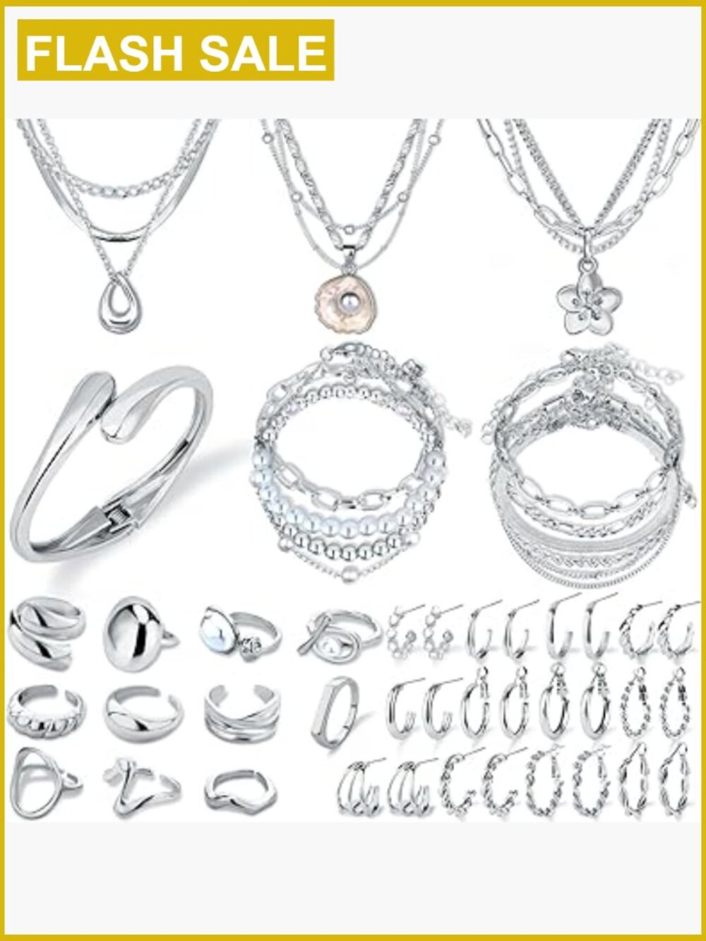 14k Gold Plated Multi Layer Jewelry Set Necklace Bracelet Earrings Rings